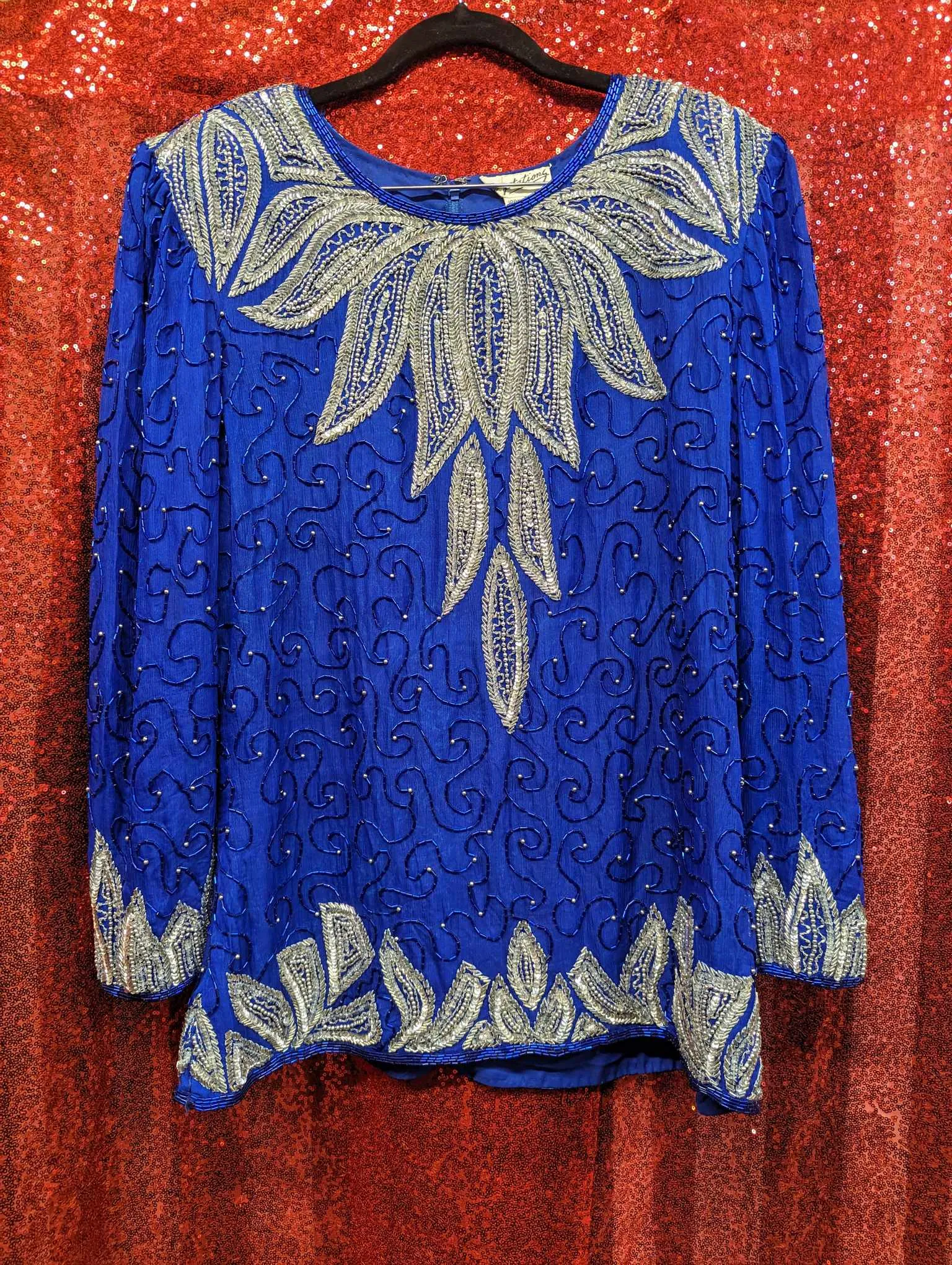 Vintage 90s Volup Royal Blue Beaded Skirt Set
