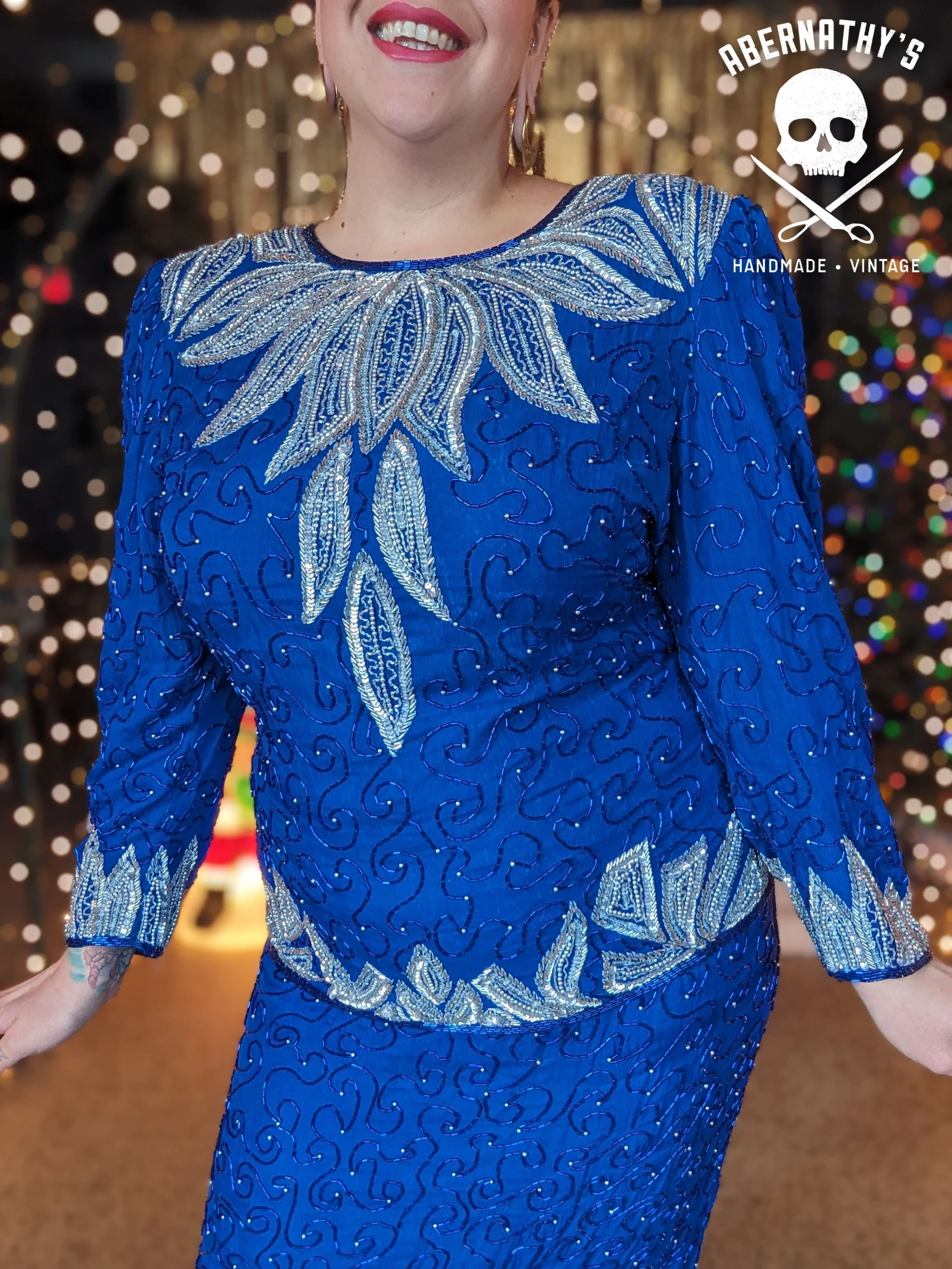 Vintage 90s Volup Royal Blue Beaded Skirt Set
