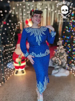 Vintage 90s Volup Royal Blue Beaded Skirt Set