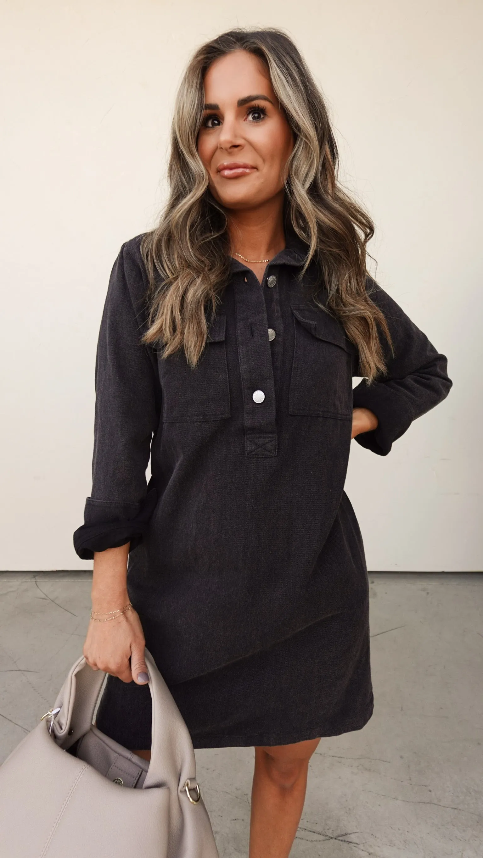 Washed Black Long Sleeve Shirt Dress
