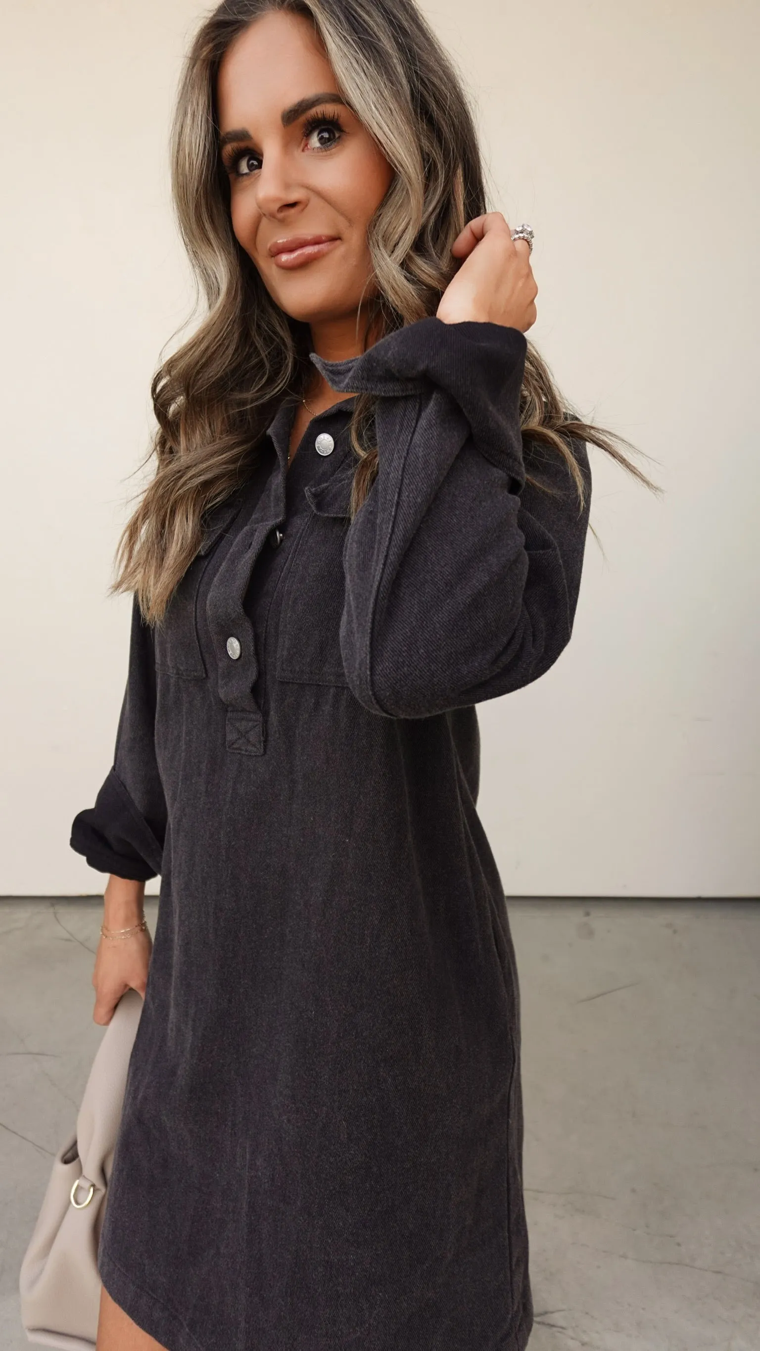 Washed Black Long Sleeve Shirt Dress