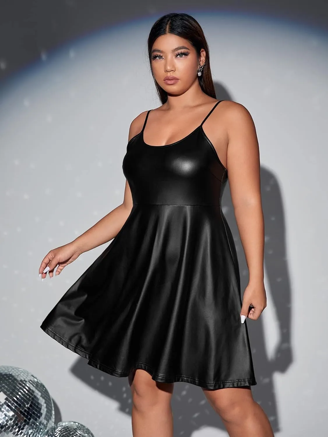 WDIRARA Women's Plus Size Spaghetti Strap Pu Leather Flared Hem A Line Cami Dress