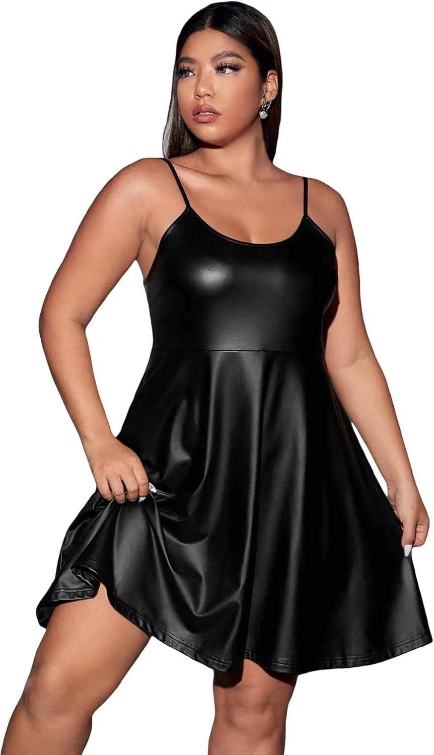 WDIRARA Women's Plus Size Spaghetti Strap Pu Leather Flared Hem A Line Cami Dress