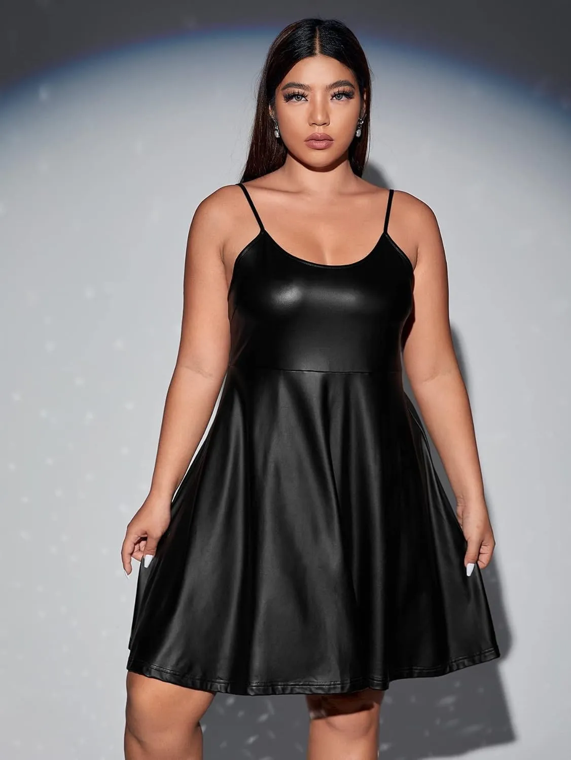 WDIRARA Women's Plus Size Spaghetti Strap Pu Leather Flared Hem A Line Cami Dress