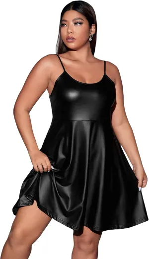 WDIRARA Women's Plus Size Spaghetti Strap Pu Leather Flared Hem A Line Cami Dress