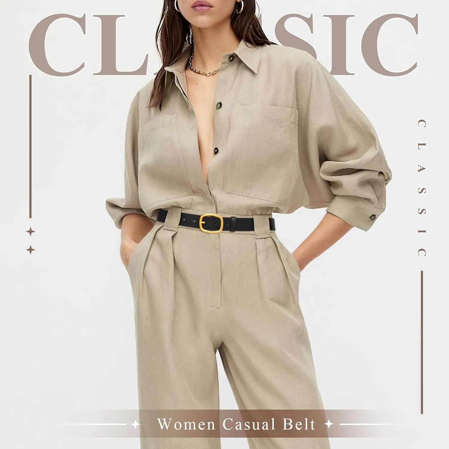 WHIPPY Women Leather Belt Casual Fashion Gold Buckle Leather Waist Belt for Jeans Pants Dresses Chic Ladies Belt