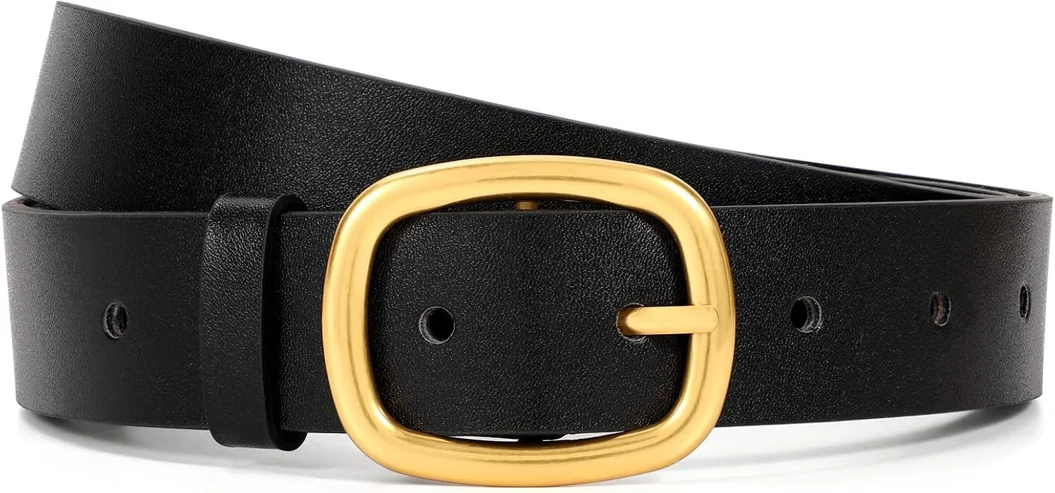 WHIPPY Women Leather Belt Casual Fashion Gold Buckle Leather Waist Belt for Jeans Pants Dresses Chic Ladies Belt