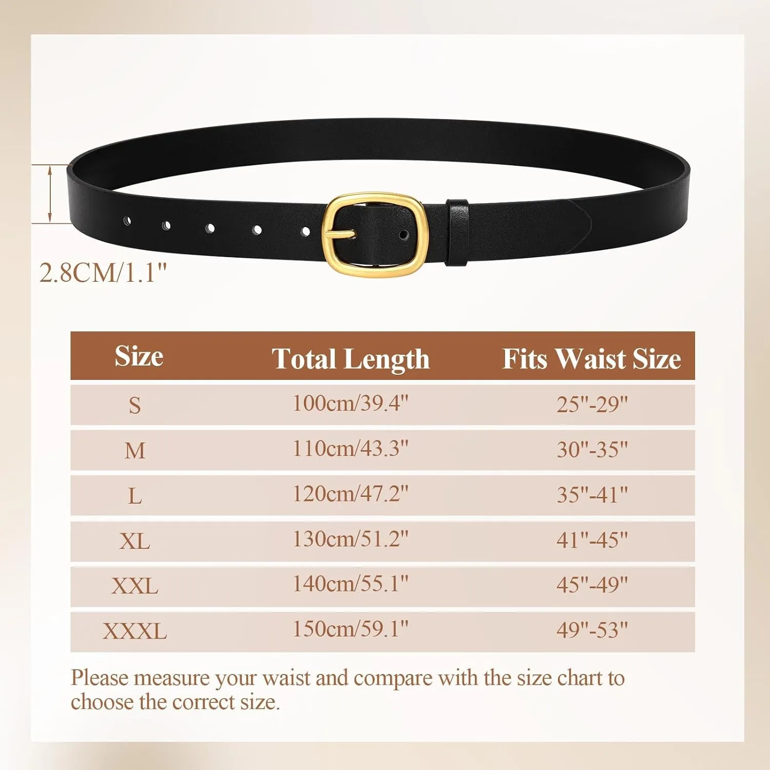 WHIPPY Women Leather Belt Casual Fashion Gold Buckle Leather Waist Belt for Jeans Pants Dresses Chic Ladies Belt