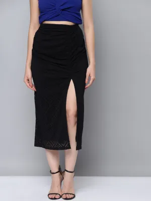 Women Black Schiffli Side Ruched Skirt