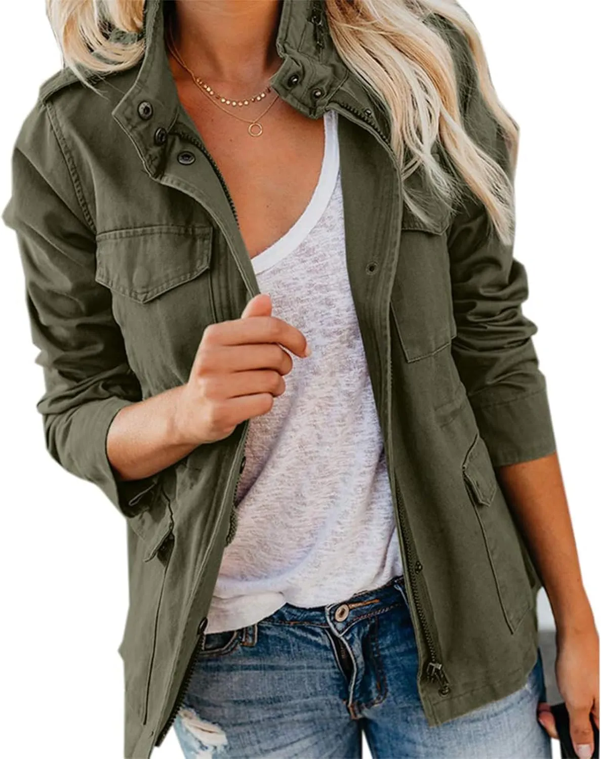 Women Military Anorak Jackets Lightweight Zip Up Utility Cargo Coats Casual Long Sleeve Snap Buttons Safari Outwear