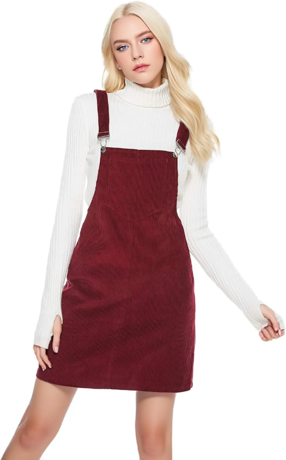 Women's Adjustable Straps Cuffed A-line Corduroy Pinafore Bib Pocket Overalls Dress
