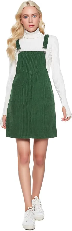 Women's Adjustable Straps Cuffed A-line Corduroy Pinafore Bib Pocket Overalls Dress