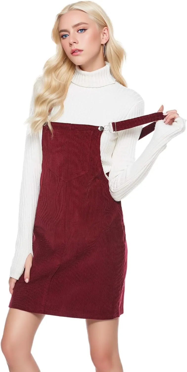 Women's Adjustable Straps Cuffed A-line Corduroy Pinafore Bib Pocket Overalls Dress