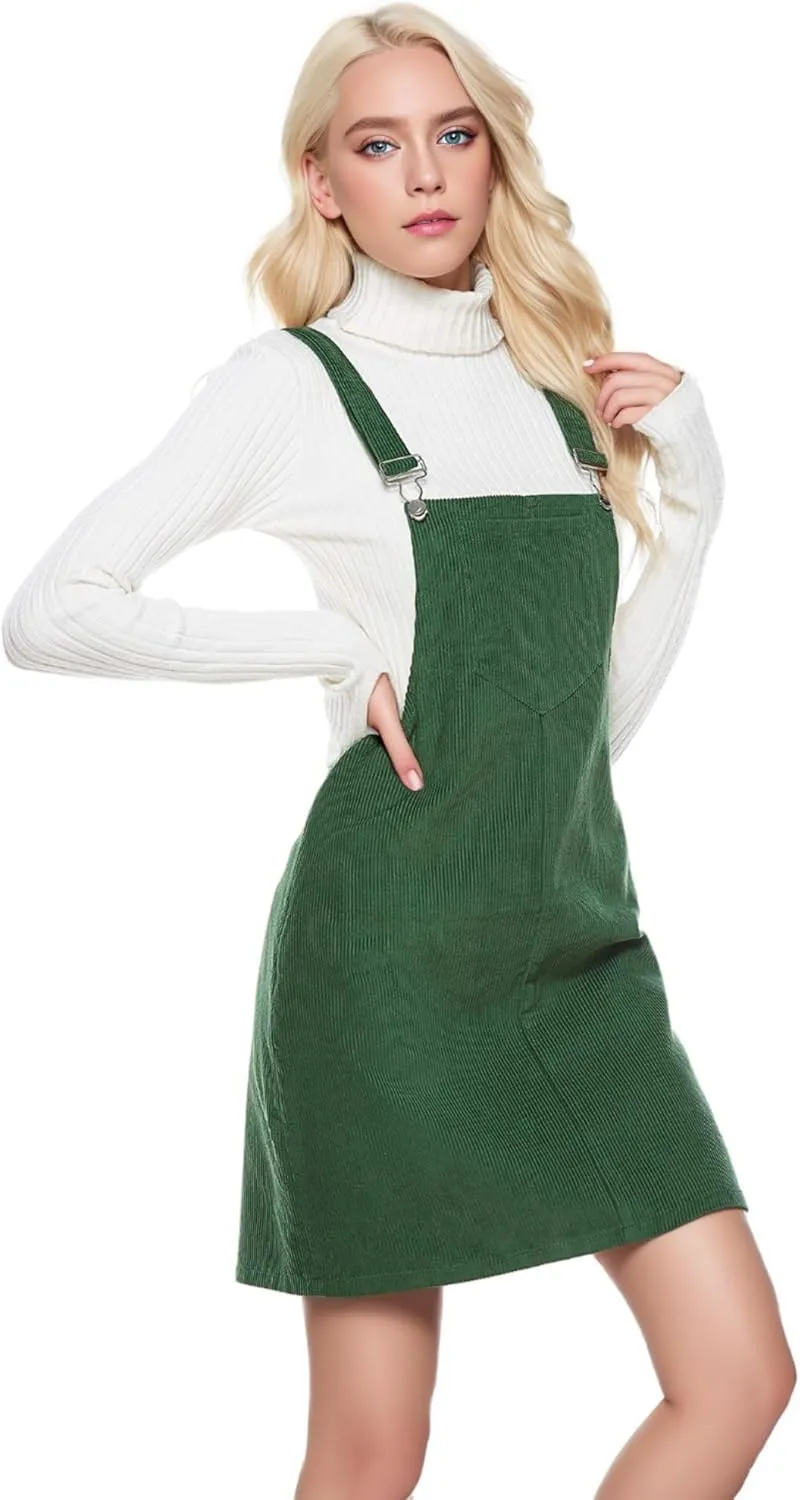 Women's Adjustable Straps Cuffed A-line Corduroy Pinafore Bib Pocket Overalls Dress