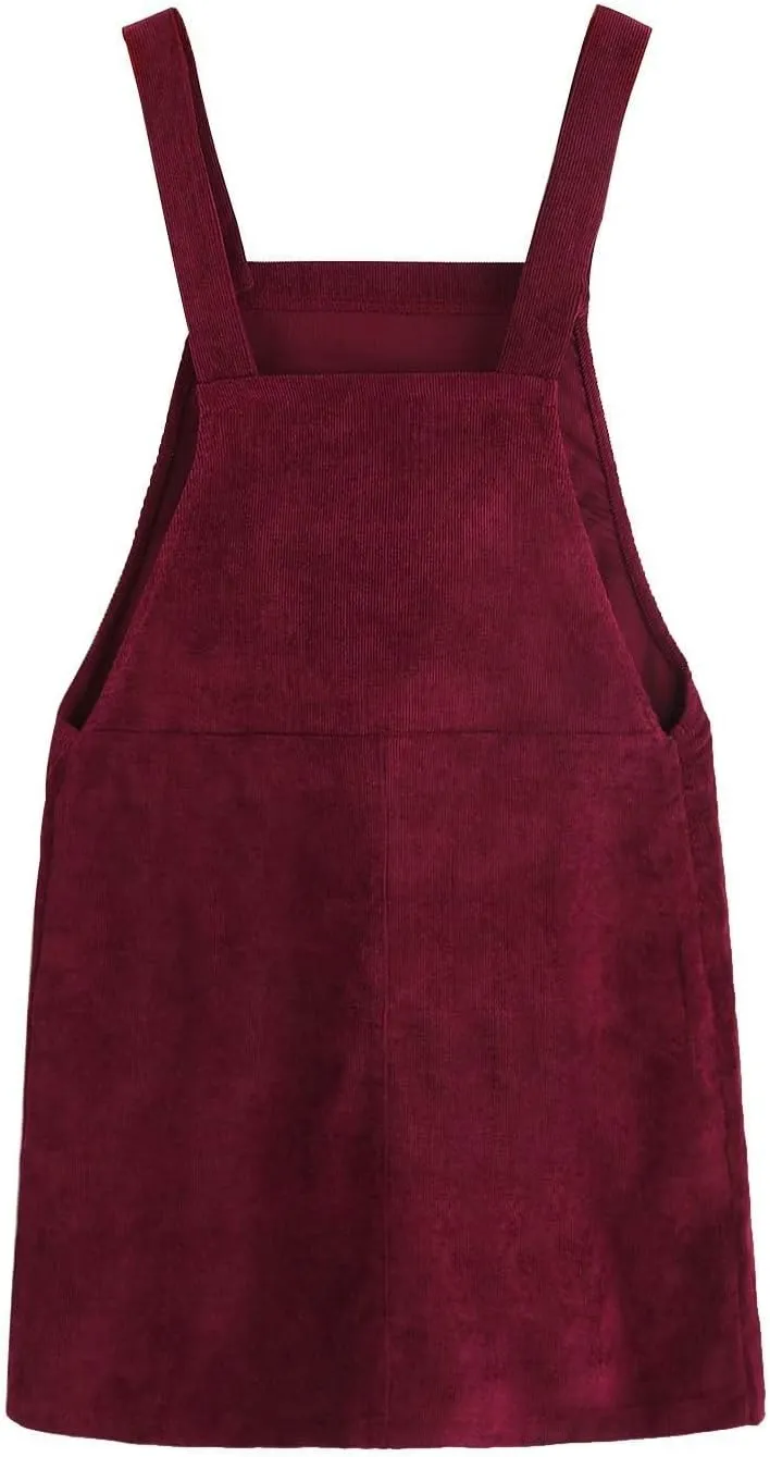 Women's Adjustable Straps Cuffed A-line Corduroy Pinafore Bib Pocket Overalls Dress