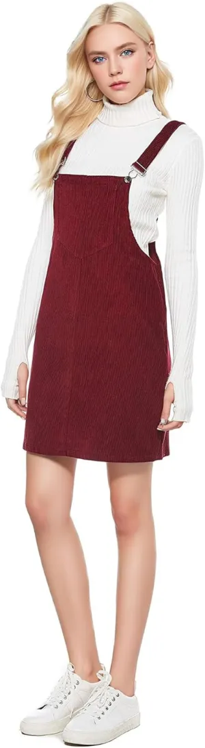 Women's Adjustable Straps Cuffed A-line Corduroy Pinafore Bib Pocket Overalls Dress