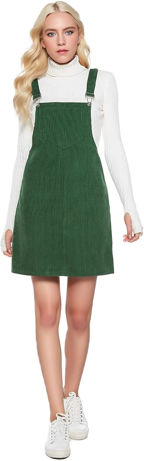 Women's Adjustable Straps Cuffed A-line Corduroy Pinafore Bib Pocket Overalls Dress