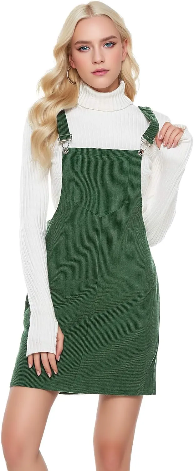 Women's Adjustable Straps Cuffed A-line Corduroy Pinafore Bib Pocket Overalls Dress