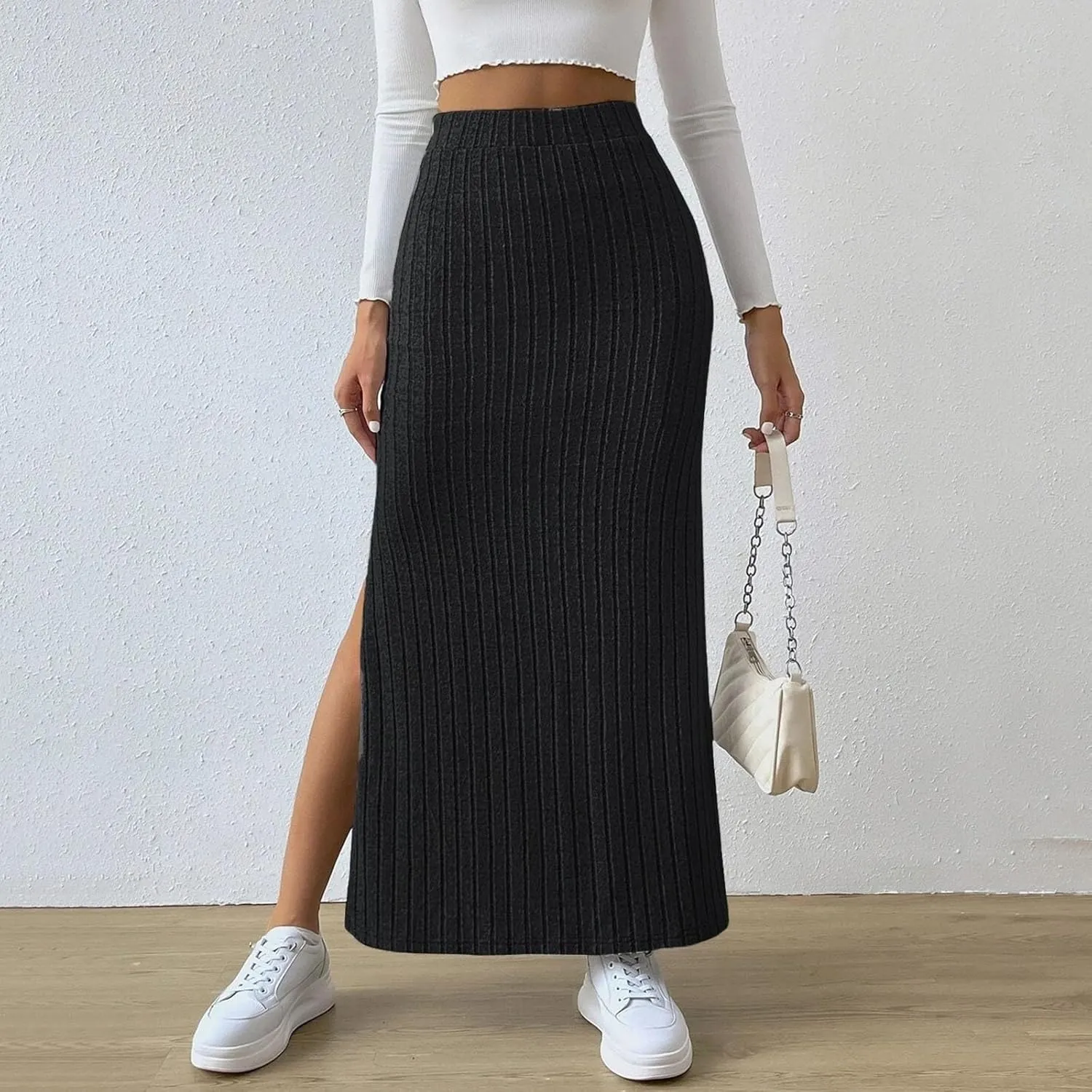 Women's Basic Solid Slim Knitted Skirt High Waist Length Maxi Skirt Casual Skirt 2024 Pencil Slit Dressy