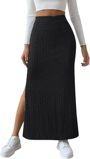 Women's Basic Solid Slim Knitted Skirt High Waist Length Maxi Skirt Casual Skirt 2024 Pencil Slit Dressy