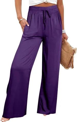 Womens Business Pants Fashion Dressy Wide Leg Work Pant Drawstring High Waisted Solid Color Loose Casual Trousers