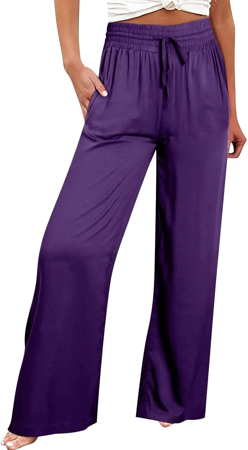 Womens Business Pants Fashion Dressy Wide Leg Work Pant Drawstring High Waisted Solid Color Loose Casual Trousers