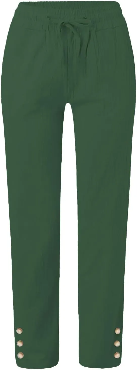 Womens Casual Cotton Linen Pants Lightweight Summer Loose Fit Elastic Waist Plus Size Solid Lounge Long Trousers