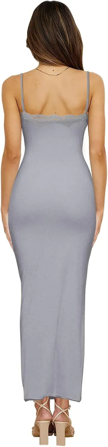 Women's Lace Long Slip Dress Sexy Sleeveless Spaghetti Strap Bodycon Maxi Dresses