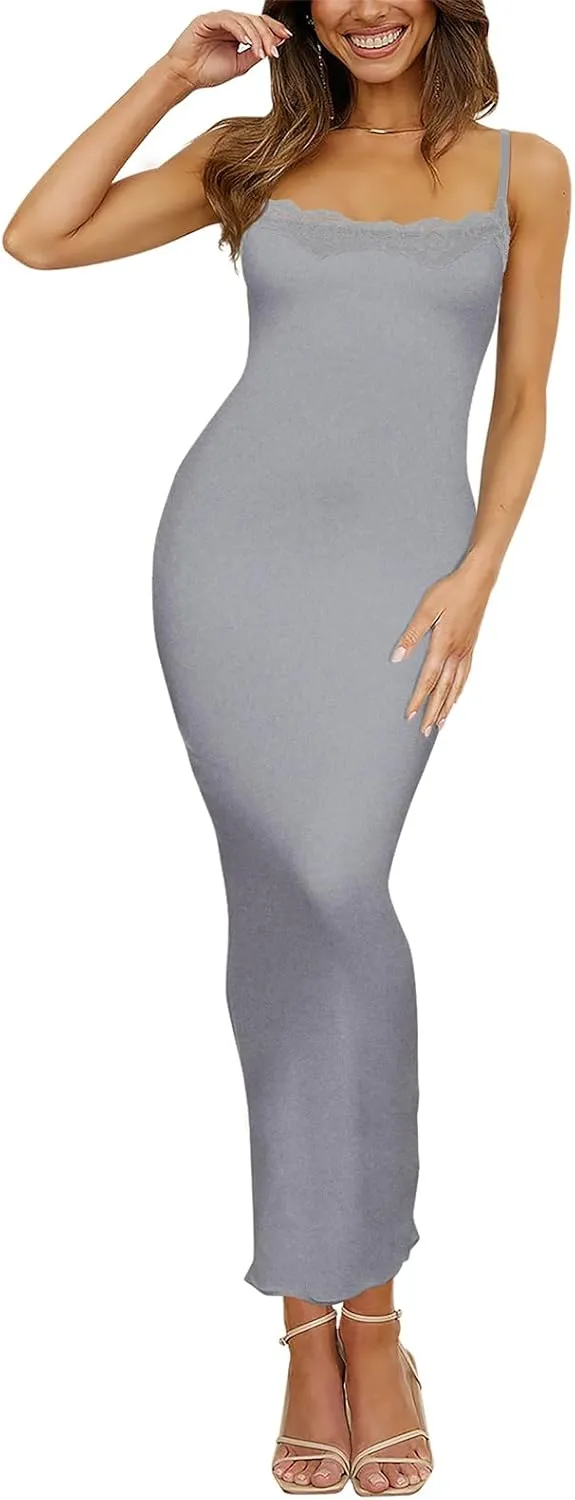 Women's Lace Long Slip Dress Sexy Sleeveless Spaghetti Strap Bodycon Maxi Dresses
