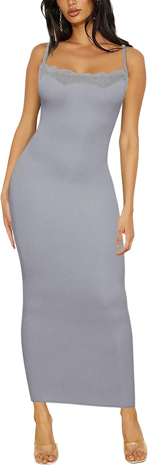 Women's Lace Long Slip Dress Sexy Sleeveless Spaghetti Strap Bodycon Maxi Dresses