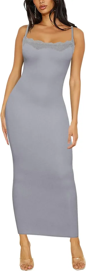Women's Lace Long Slip Dress Sexy Sleeveless Spaghetti Strap Bodycon Maxi Dresses