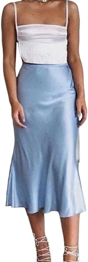 Womens Satin Maxi Skirt Silk Elegant High Waist Cocktail Midi Skirts A Line Flowy Ruffle Summer Party Skirt