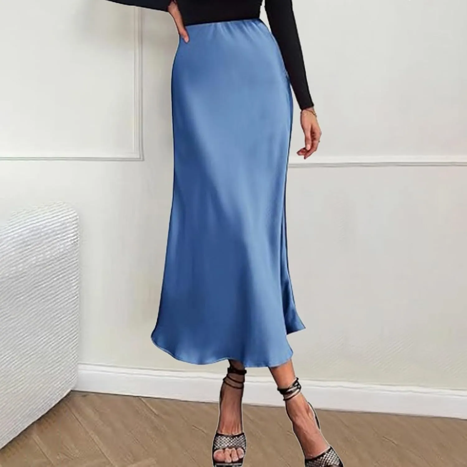 Women's Satin Silk Maxi Skirts High Waist Hidden Elasticized Waistband Flared Casual A Line Midi Skirt Cocktail Party