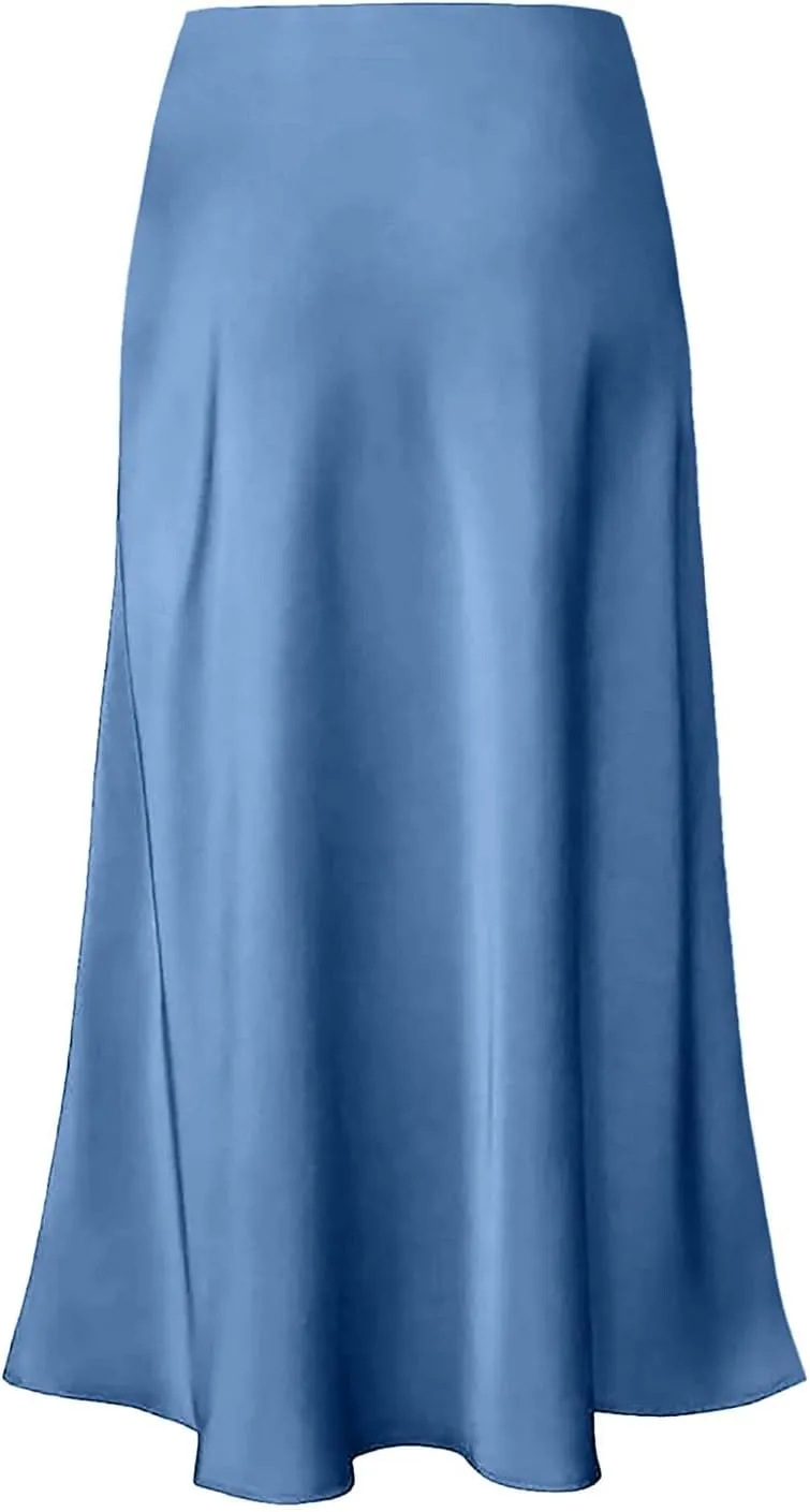 Women's Satin Silk Maxi Skirts High Waist Hidden Elasticized Waistband Flared Casual A Line Midi Skirt Cocktail Party