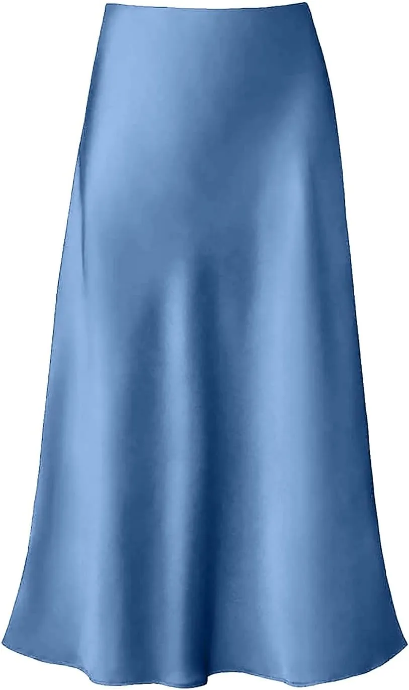Women's Satin Silk Maxi Skirts High Waist Hidden Elasticized Waistband Flared Casual A Line Midi Skirt Cocktail Party