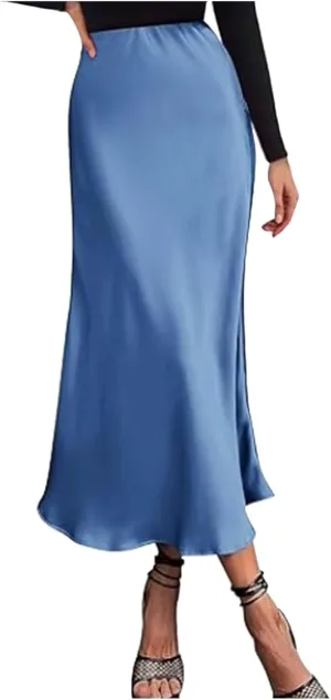 Women's Satin Silk Maxi Skirts High Waist Hidden Elasticized Waistband Flared Casual A Line Midi Skirt Cocktail Party