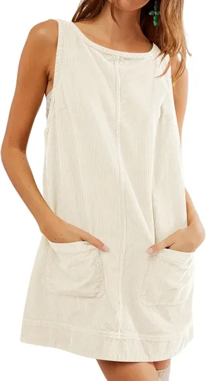 Womens Sleeveless Corduroy Overall Dress Cute Crewneck Jumper Dress Mini A Line Pinafore Dress with Pockets