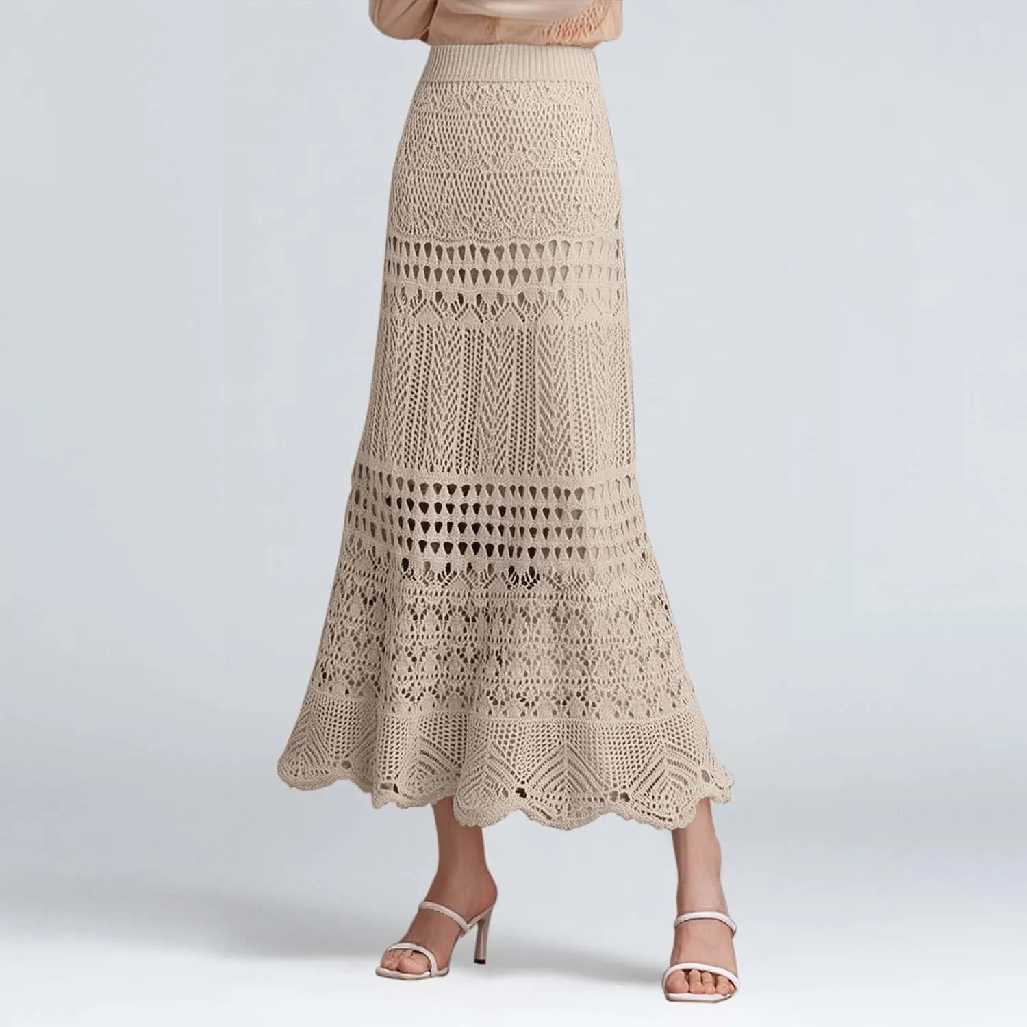 Women's Stretched High Waist Crochet Hollow Out Knit Flowy Patterned Lace Boho Maxi Skirt Vacation Beach Long Skirts