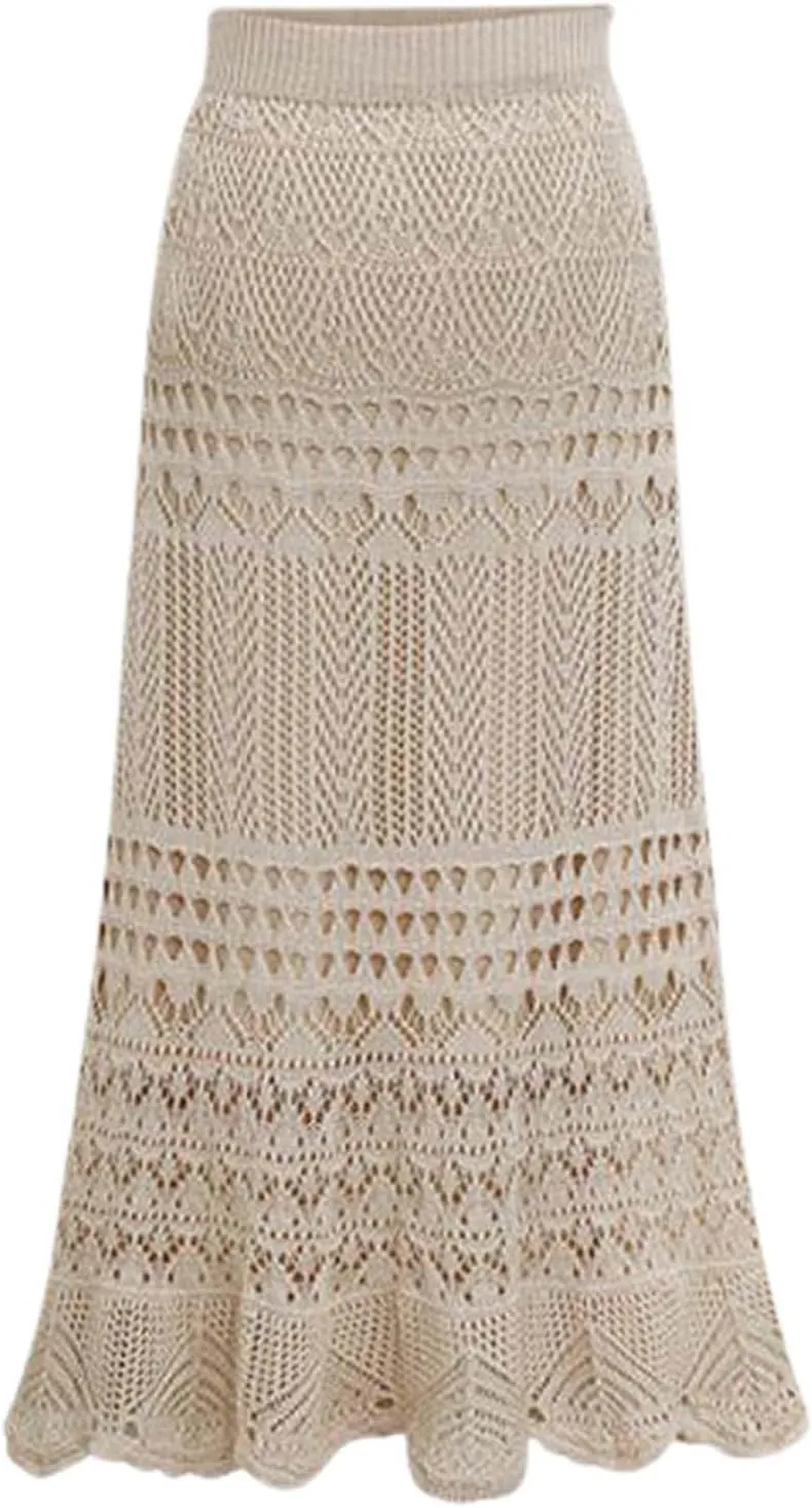 Women's Stretched High Waist Crochet Hollow Out Knit Flowy Patterned Lace Boho Maxi Skirt Vacation Beach Long Skirts