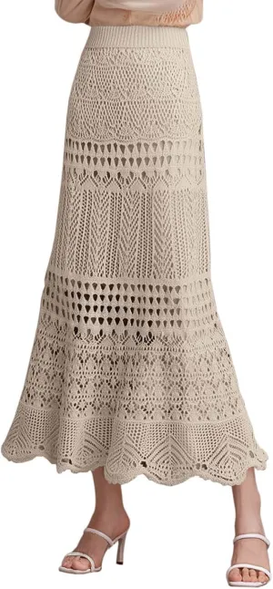 Women's Stretched High Waist Crochet Hollow Out Knit Flowy Patterned Lace Boho Maxi Skirt Vacation Beach Long Skirts