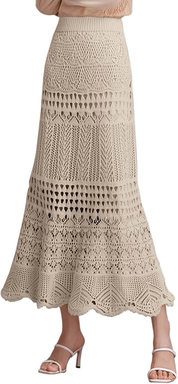 Women's Stretched High Waist Crochet Hollow Out Knit Flowy Patterned Lace Boho Maxi Skirt Vacation Beach Long Skirts