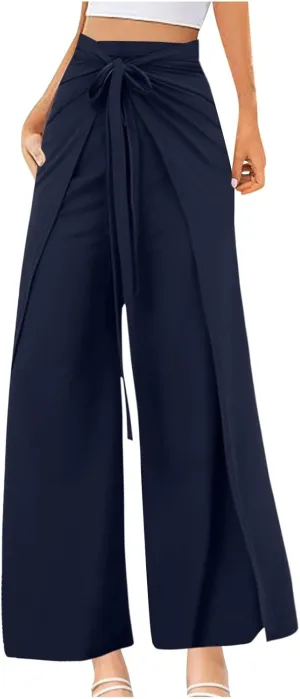 Womens Wide Leg Pants Yoga Flowy Split Palazzo Pants Tie Front Wrap Trousers Beach Cover Up Casual Lounge Boho Pants
