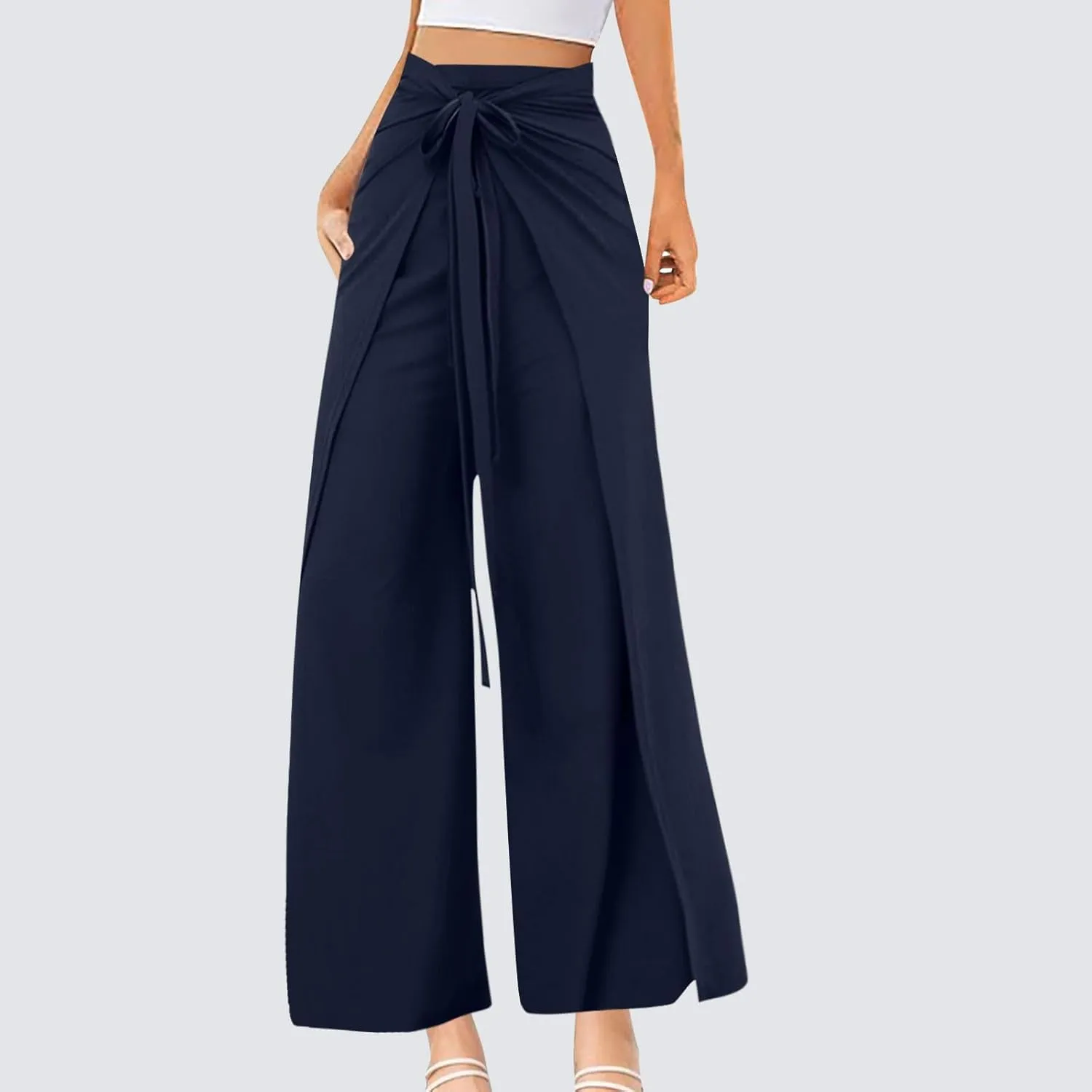 Womens Wide Leg Pants Yoga Flowy Split Palazzo Pants Tie Front Wrap Trousers Beach Cover Up Casual Lounge Boho Pants