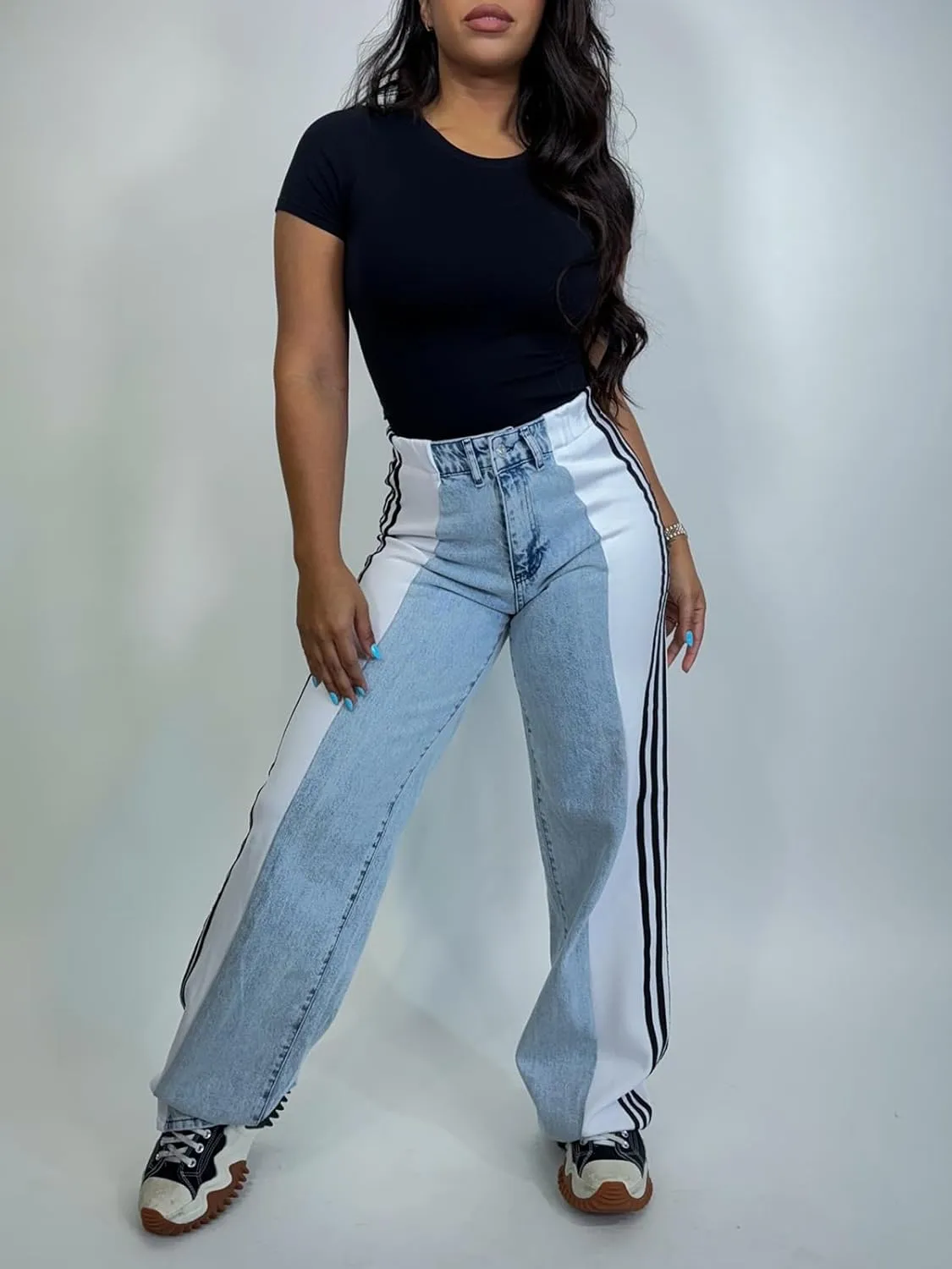 XZLUFNY Women's Jeans Two Tone Patchwork Striped Denim Pant Color Block Straight Wide Leg Trousers