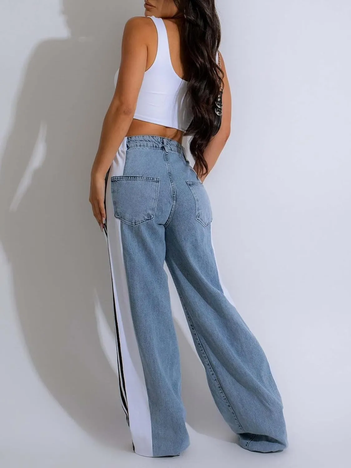 XZLUFNY Women's Jeans Two Tone Patchwork Striped Denim Pant Color Block Straight Wide Leg Trousers