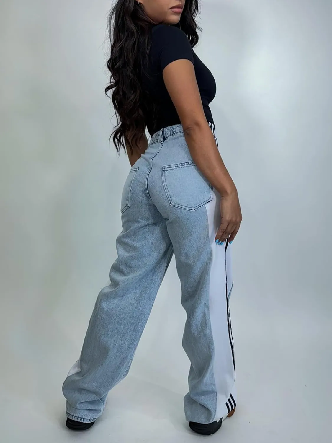 XZLUFNY Women's Jeans Two Tone Patchwork Striped Denim Pant Color Block Straight Wide Leg Trousers