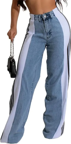 XZLUFNY Women's Jeans Two Tone Patchwork Striped Denim Pant Color Block Straight Wide Leg Trousers